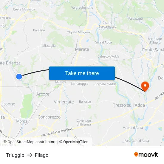 Triuggio to Filago map