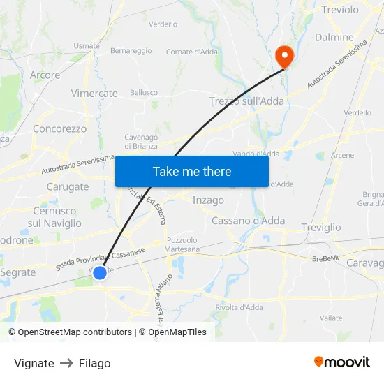 Vignate to Filago map