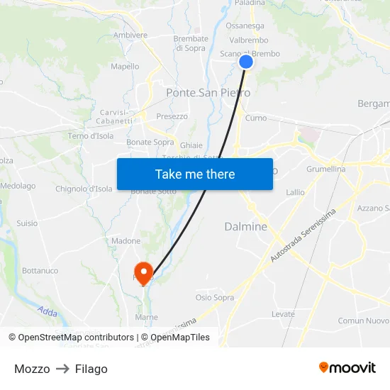 Mozzo to Filago map