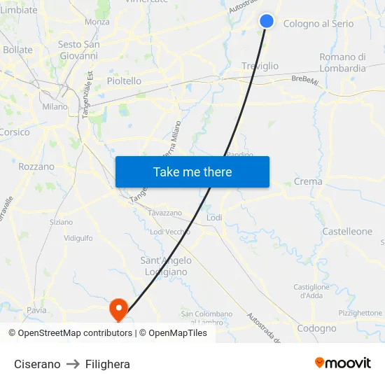 Ciserano to Filighera map