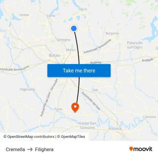 Cremella to Filighera map
