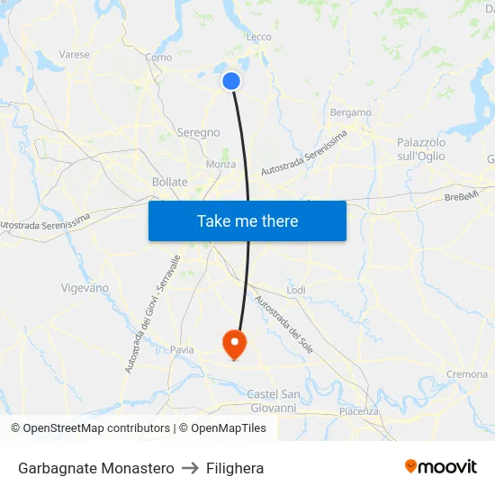 Garbagnate Monastero to Filighera map