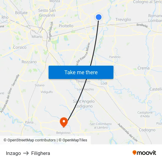 Inzago to Filighera map