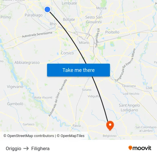 Origgio to Filighera map