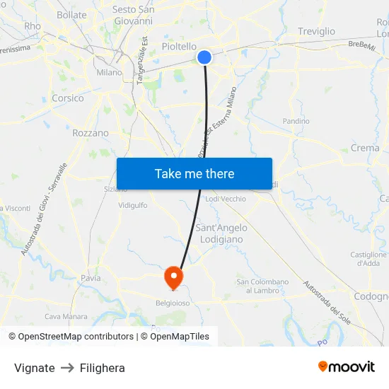 Vignate to Filighera map