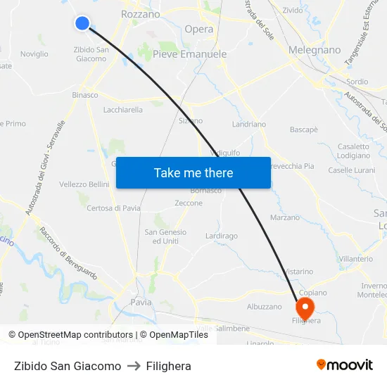 Zibido San Giacomo to Filighera map