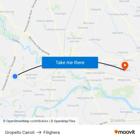 Gropello Cairoli to Filighera map