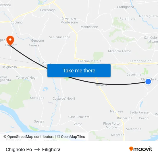 Chignolo Po to Filighera map