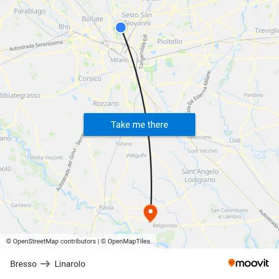 Bresso to Linarolo map