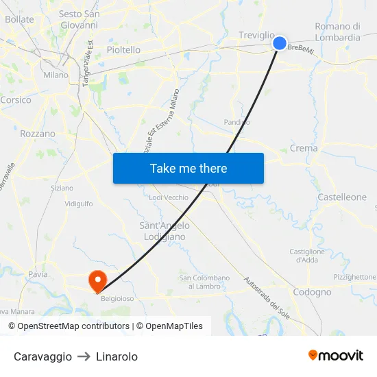 Caravaggio to Linarolo map