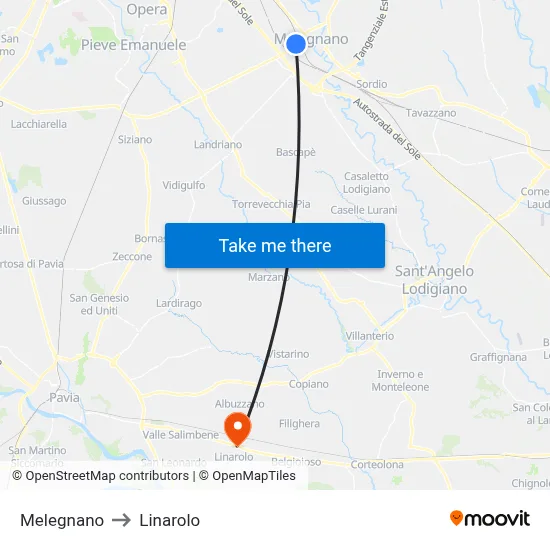 Melegnano to Linarolo map