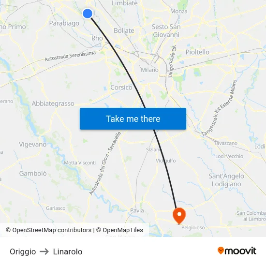 Origgio to Linarolo map