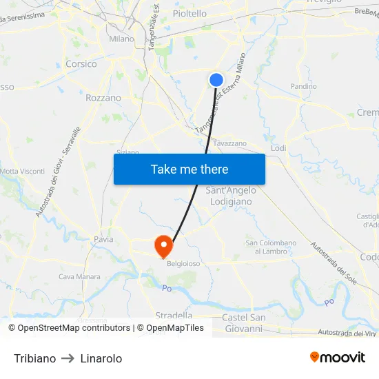 Tribiano to Linarolo map