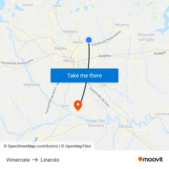 Vimercate to Linarolo map