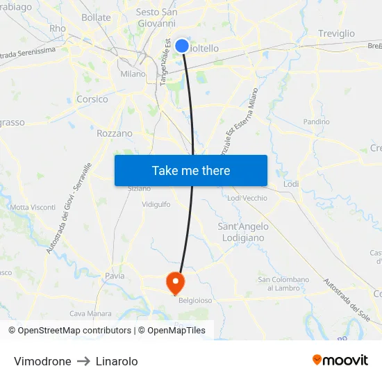 Vimodrone to Linarolo map