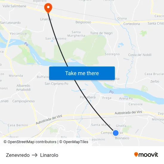 Zenevredo to Linarolo map