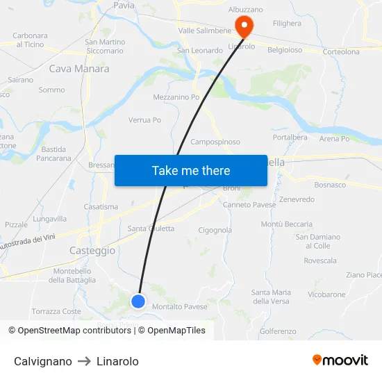 Calvignano to Linarolo map