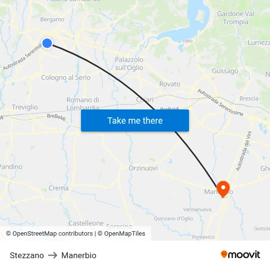 Stezzano to Manerbio map