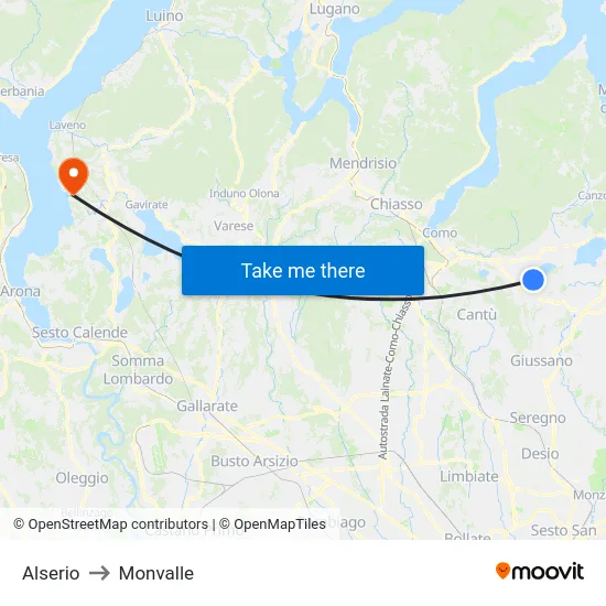 Alserio to Monvalle map