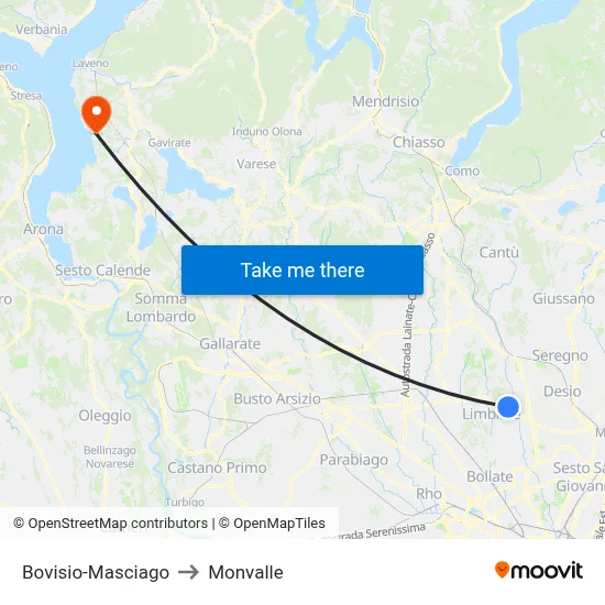 Bovisio-Masciago to Monvalle map