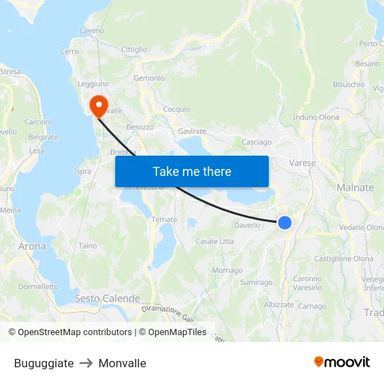Buguggiate to Monvalle map