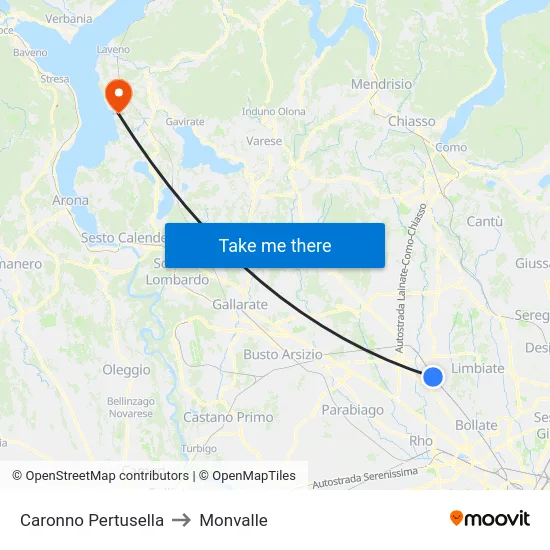 Caronno Pertusella to Monvalle map