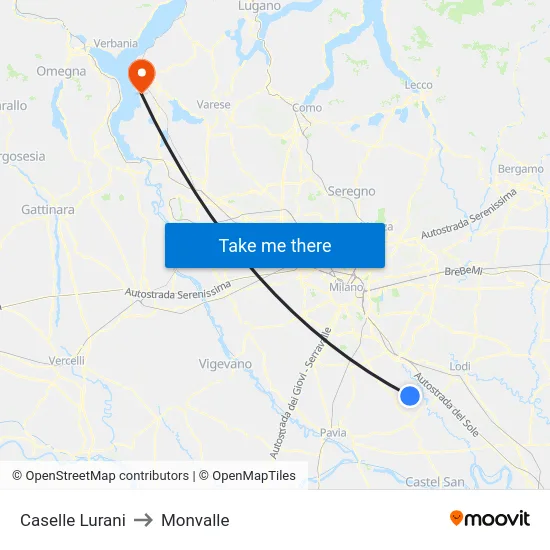 Caselle Lurani to Monvalle map