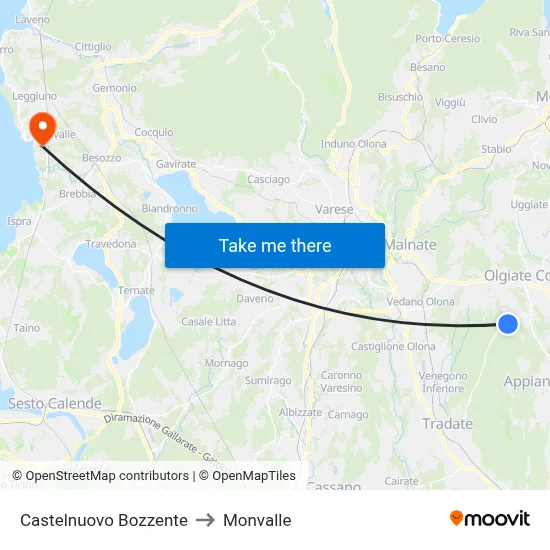 Castelnuovo Bozzente to Monvalle map