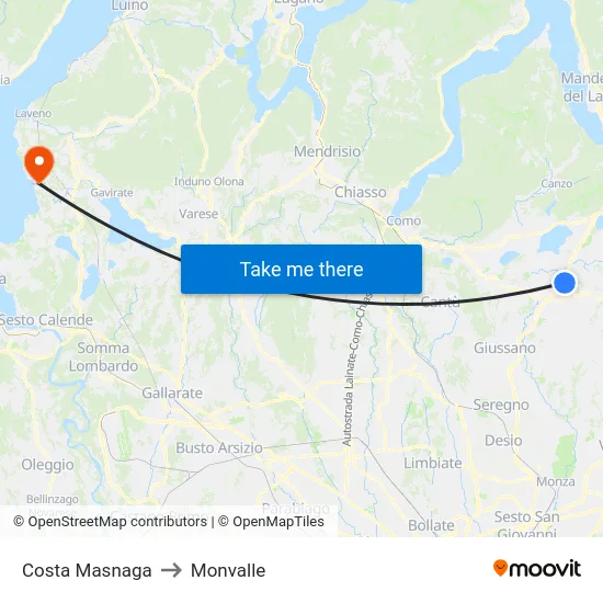Costa Masnaga to Monvalle map