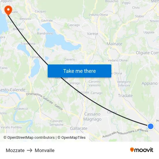 Mozzate to Monvalle map