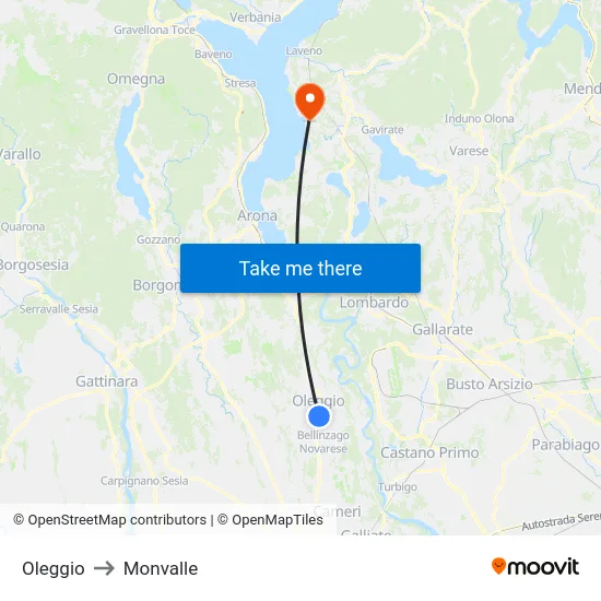 Oleggio to Monvalle map