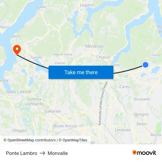 Ponte Lambro to Monvalle map