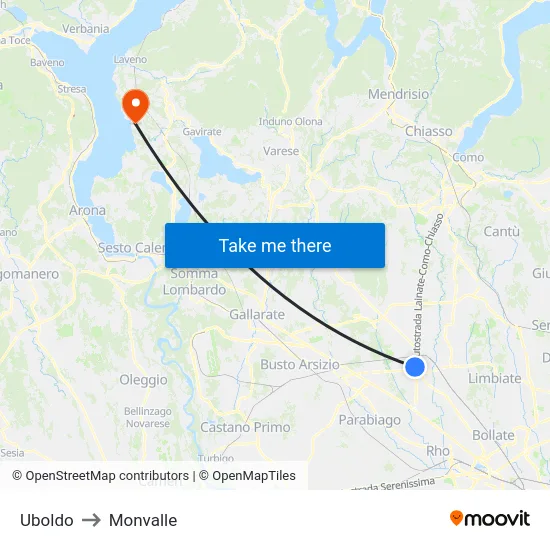 Uboldo to Monvalle map