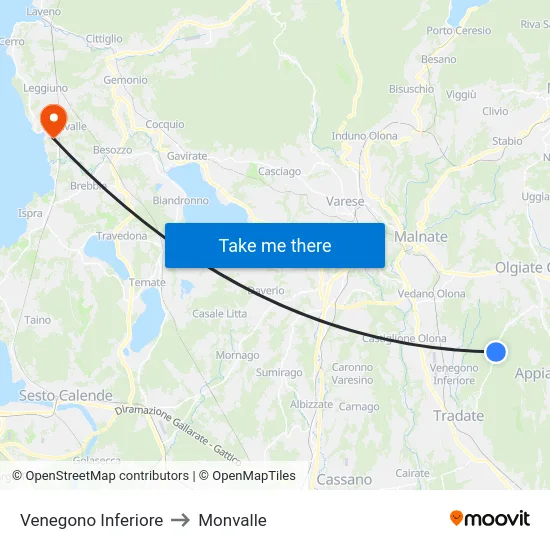 Venegono Inferiore to Monvalle map