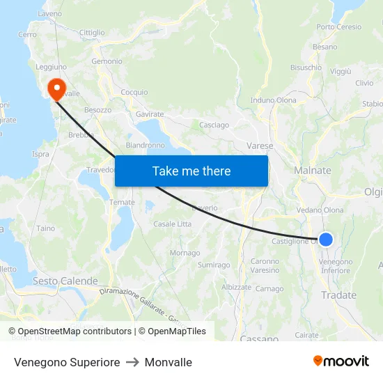 Venegono Superiore to Monvalle map