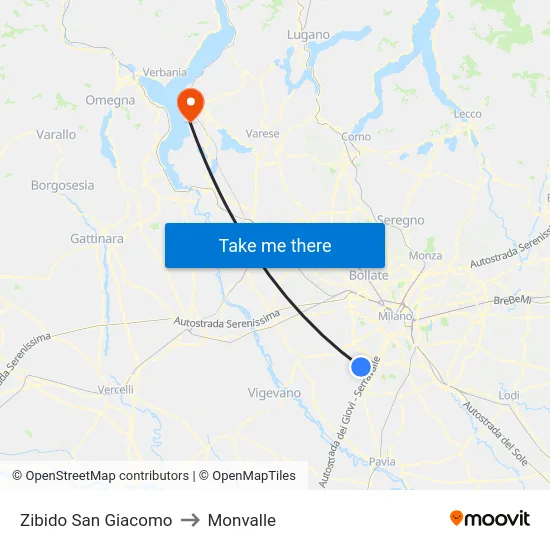 Zibido San Giacomo to Monvalle map