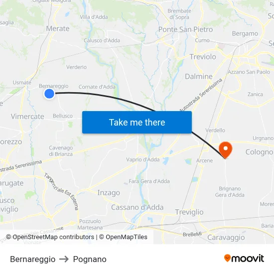 Bernareggio to Pognano map