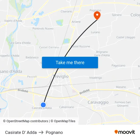 Casirate d'Adda to Pognano map