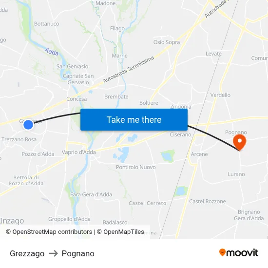 Grezzago to Pognano map