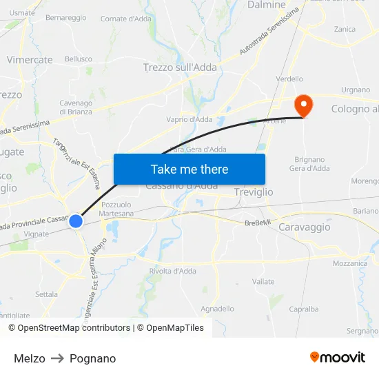 Melzo to Pognano map