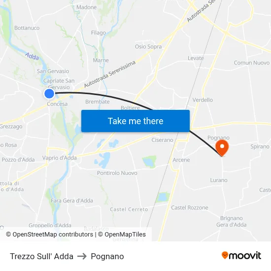 Trezzo Sull' Adda to Pognano map