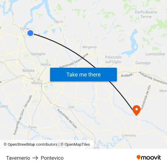 Tavernerio to Pontevico map