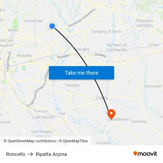 Roncello to Ripalta Arpina map