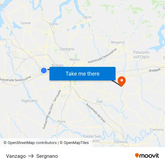 Vanzago to Sergnano map