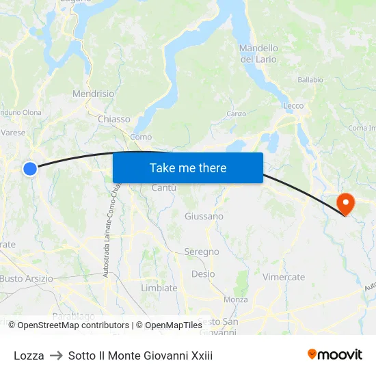 Lozza to Sotto Il Monte Giovanni Xxiii map