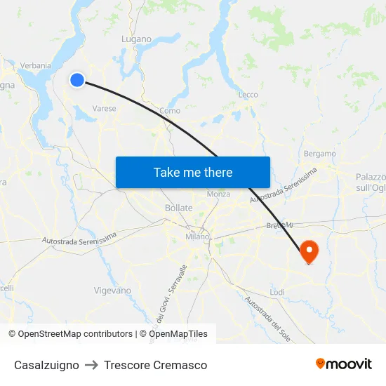 Casalzuigno to Trescore Cremasco map