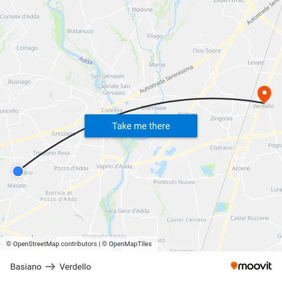 Basiano to Verdello map