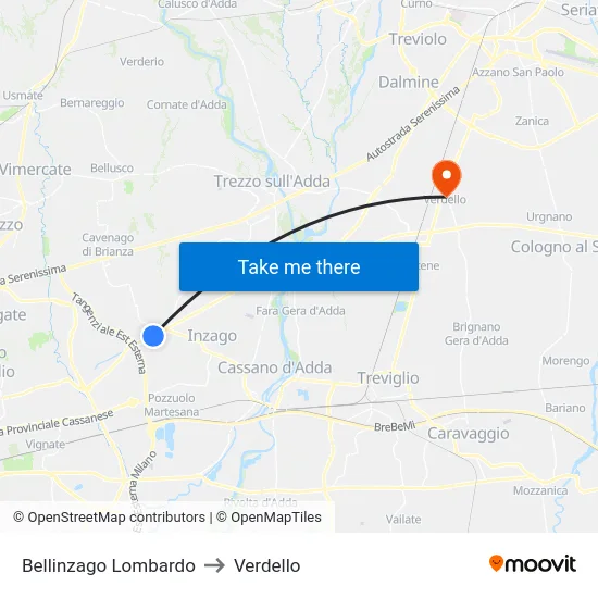 Bellinzago Lombardo to Verdello map