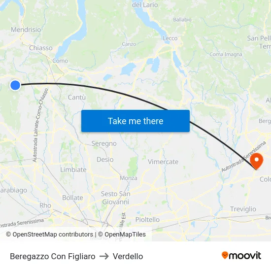 Beregazzo con Figliaro to Verdello map