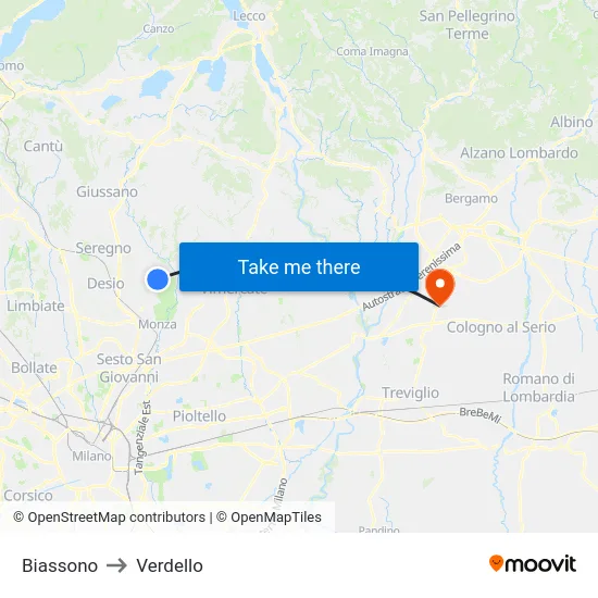 Biassono to Verdello map